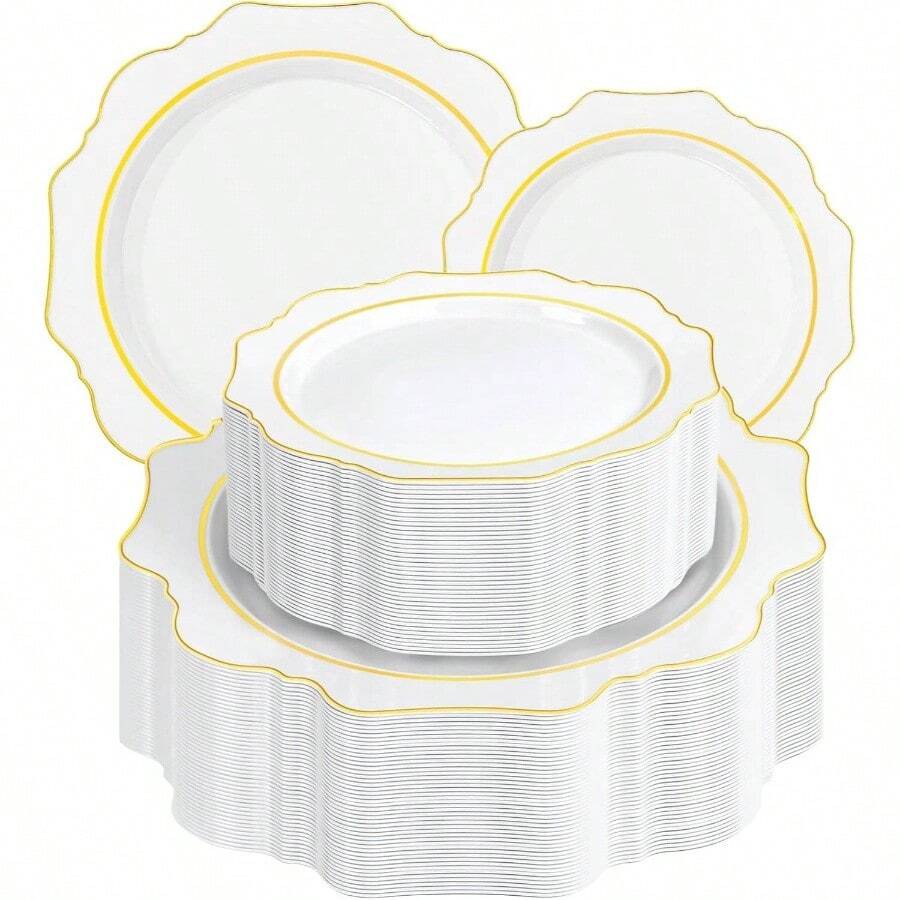 200PCS White And Gold Plastic Plates - Gold Plastic Plates - Include Dinner Dessert Disposable Party Plate - Fancy Disposable Plate WeddingThanksgivingBridal Shower - Trắng và Vàng + 100 - Xem 1