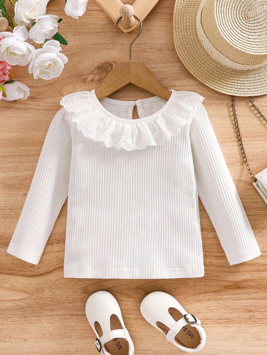Girls All-Match Round Neck Long Sleeve T-Shirt, Ruffled Collar, Versatile Ribbed Top, Suitable For Casual Autumn Wear - White - View 1