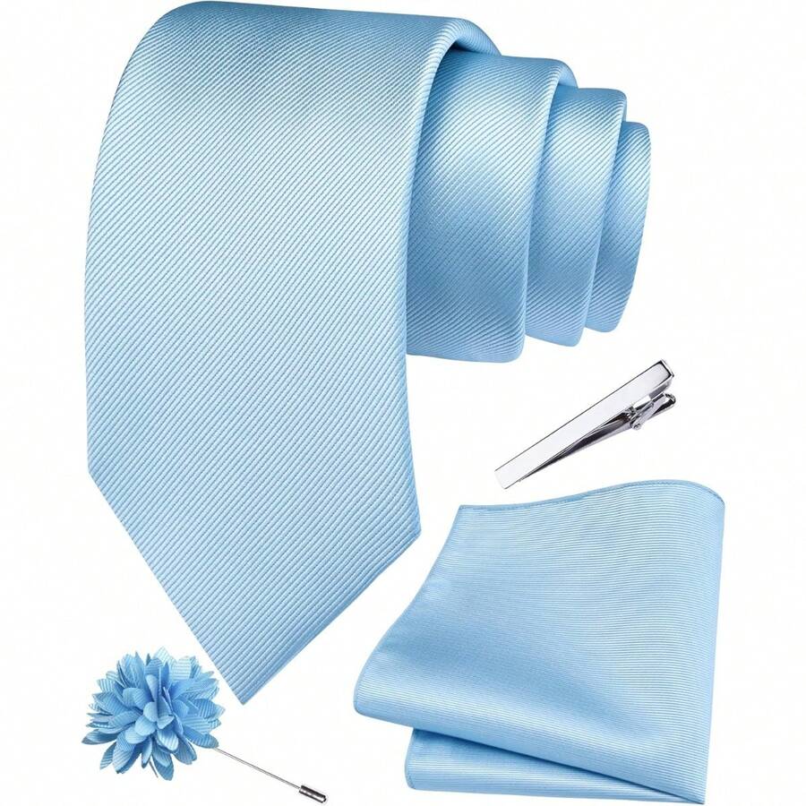 Solid Formal Tie And Pocket Square Plain Necktie Lapel Pin And Set For Men - 淺藍色 - 查看 1