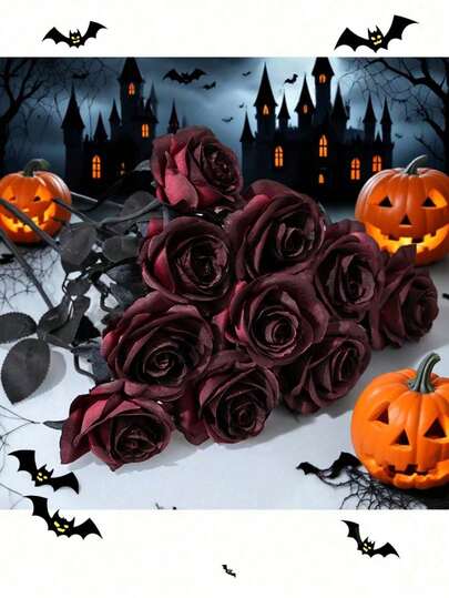 4/6pcs Artificial Black Flowers Rose Fake Silk Flowers With Long Stem Family Wedding Party Halloween Goth Dark Department Decoration Outdoor Photo Props Simulation Flower Dark Decoration Simulation Rose Bouquet.