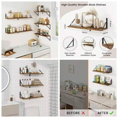 Wall Mounted Floating Book Shelves With Brackets, 90 Floating Shelves Set Of 3, Floating Shelves Wooden Wall Mounted Shelves Wall Decor, Bathroom, Bed