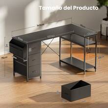 HLONONE Escritorio de 120/140 cm con 3 cajones de tela y bolsa de almacenamiento, escritorio de computadora de esquina con estantes para oficina y oficina en casa, 4 colores