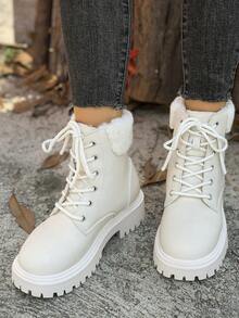 Women's Chunky Snow Combat Boots With Plush Lining & Fuzzy Cuff | Lace-Up Winter Ankle Boots In Black & Cream | Warm Waterproof Slush Boots For Cold Weather,Fur Boots - Beige - View 6