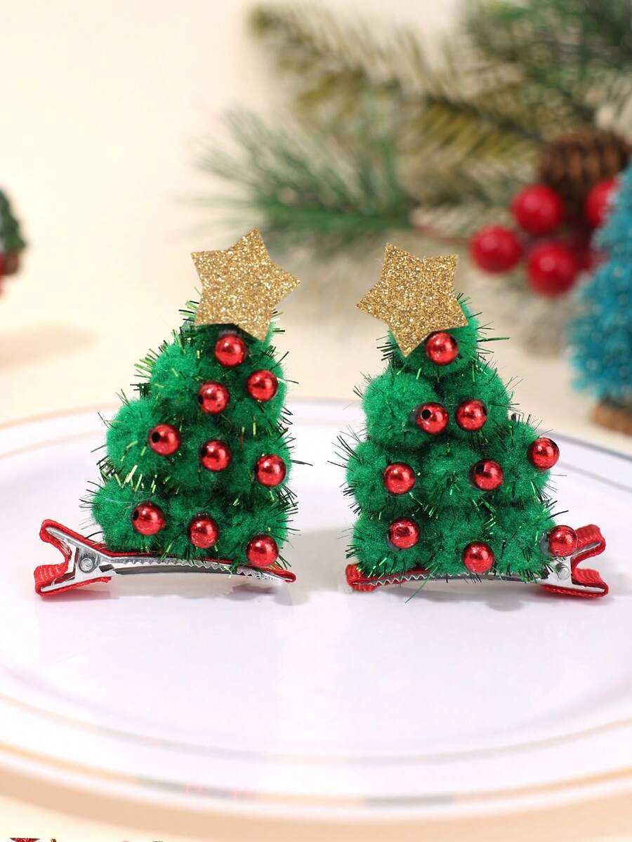 2pcs/Set Cute Christmas Tree Decorative Hair Clips For Kids, Children Hair Accessories - Multicolor - View 1