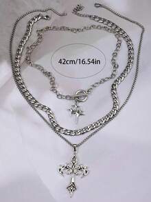 3pcs Gothic Shiny Star Stainless Steel Chain Necklace Set, Including Flame Cross Pendant And Y2K Style Necklace