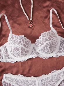 两件套女士性感内衣，白色蕾丝花卉文胸套装，可调节肩带，新娘内衣套装，诱人情人节礼物