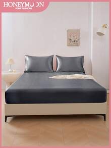 2/3pcs Luxury Satin Bed Sheet Set, Includes 1pc Deep Pocket Fitted Sheet And 1/2pc Pillowcase - 100% Polyester, Solid Color, Silky Smooth, Suitable For All Seasons - Machine Washable - Suitable For Home And Hotel, Oeko-Tex Certified - Dark Grey - View 2