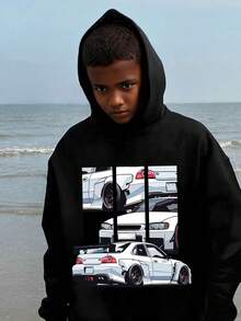 Tween Boy Cartoon Car Print Warm Sweatshirt - Black - View 7