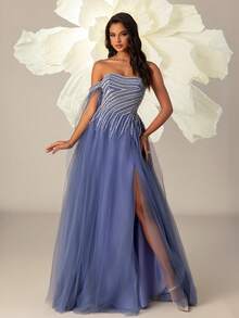 VIPGIRL Fioletowa, elegancka, siateczkowa suknia wieczorowa dla kobiet z wysokim stanem - Fioletowy - Zobacz 4