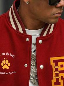 男士撞色印花棒球夹克，年轻学生时尚休闲户外装，长袖飞行员夹克，春秋季 - 紅色 - 查看 4