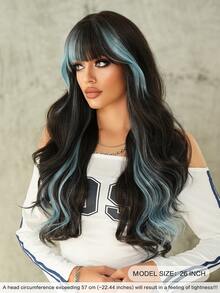 7JHH WIGS Long Wave Black & Blue Highlight Wigs For Women - Loose Fluffy Wavy Curly Wig With Bangs, Full Machine High Density Synthetic Heat Resistant Fiber Hair Purple Red Wigs For Daily Wear,Halloween Cosplay & Music Festival Party Use 26 Inch - 挑染藍色 - 查看 3