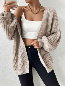 Plus Size Long Sleeve Thigh Length Knitwear Cardigan, Cozy And Stylish With Slight Stretch For Comfortable Wear