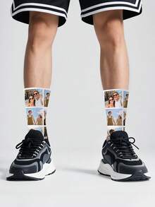 1 Pair Customized Face Socks, Customized Photo Printed Mid-Calf Socks, Suitable As Anniversary, Halloween, Christmas, Bride's Gift, Boyfriend's Gift, Unique Couple Socks, Men's Calf Socks, Thick Women's Long Socks For Autumn/Winter - Multicolor - View 5