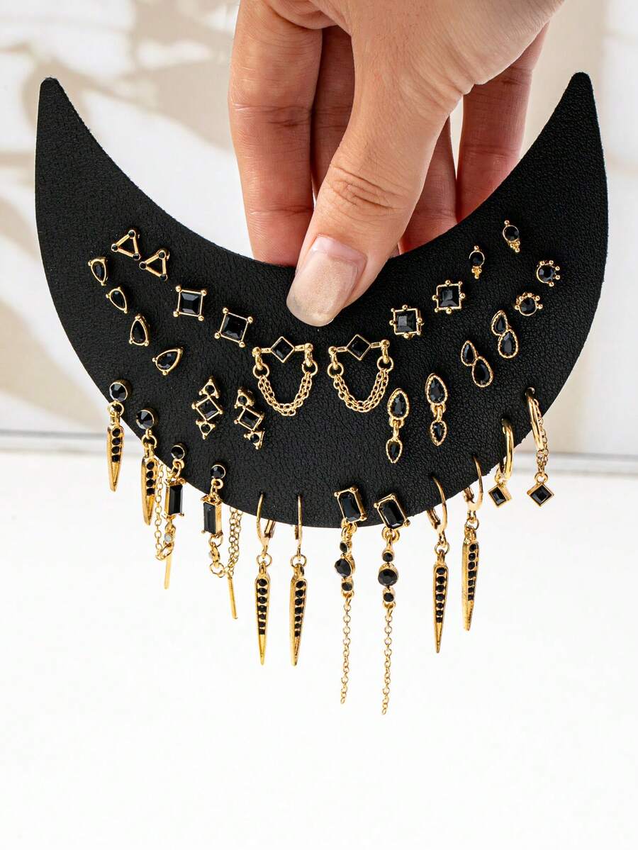 17pcs/Set Vintage Style Minimalist Multiple Rhinestone Stud Earrings & Dangle Earrings, Unique Design - Gold and Black - View 1