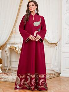 优雅的梭织面料长袍，缺口领，长袖，精致的刺绣细节，全长 Jalabiya 连衣裙 - 紅色 - 查看 3