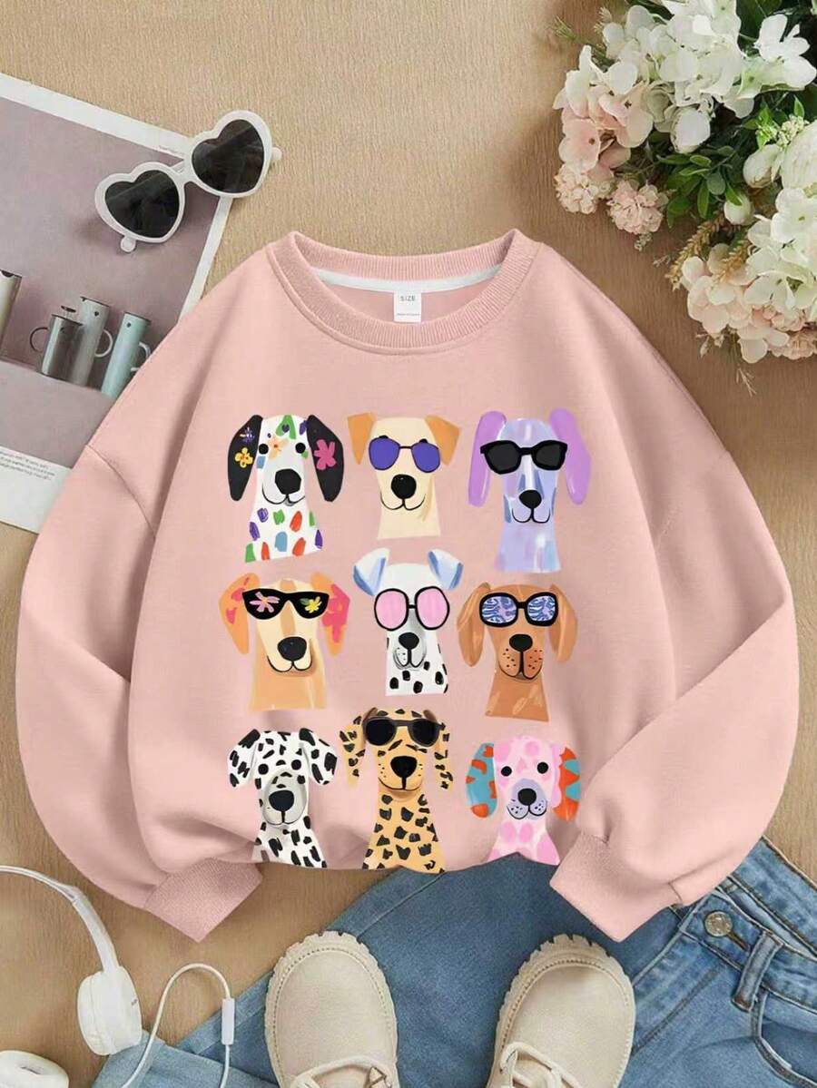 Sudadera de manga larga informal con gráfico de perro lindo para niñas, jersey de cuello redondo de moda, adecuado para otoño/invierno - Rosa - Ver 1