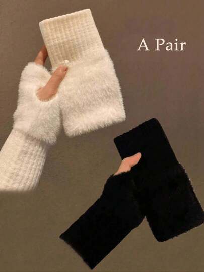 1 双女式无指针织毛绒手套，温暖的冬季手套人造毛皮连指手套多功能可爱办公室骑行防风无指手套，适合秋冬保暖情人节、圣诞节礼物，让您在寒冷的天气中保持温暖，非常适合派对、驾驶、骑自行车、徒步旅行和写作万圣节配件冬季手套