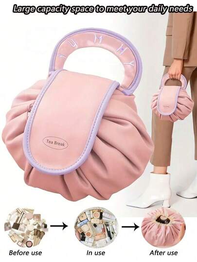 1pc PU Leather Portable Makeup Bag, Multifunctional Travel Organizer Pouch, Bathroom Toiletry Bag With Compartments, Makeup Brush Holder, Suitable For Skincare, Cosmetics, Makeup Brushes, Powder, Lipstick, Great For Beach, School, Bathroom, Holidays, Valentine's Day, Christmas Gifts For Family And Friends, Summer Essential