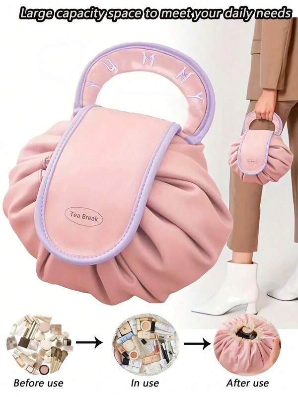 1pc PU Leather Portable Makeup Bag, Multifunctional Travel Organizer Pouch, Bathroom Toiletry Bag With Compartments, Makeup Brush Holder, Suitable For Skincare, Cosmetics, Makeup Brushes, Powder, Lipstick, Great For Beach, School, Bathroom, Holidays, Valentine's Day, Christmas Gifts For Family And Friends, Summer Essential