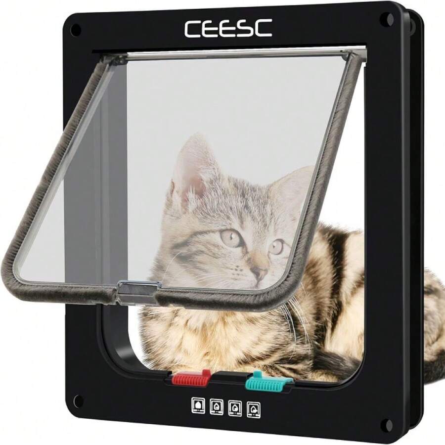 Cat Flap Door Magnetic Pet Door With 4 Way Lock For Cats, Kitties And Kittens, 2 Sizes And 2 Colors Options (L- Inner Size: 7.08"(W) X 7.48"(H), Black),21789871