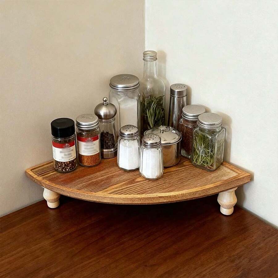 复古木质转角置物架 - 多功能复古展示架，适用于厨房、咖啡吧、农舍装饰、浴室和餐厅，节省空间的小物件收纳架