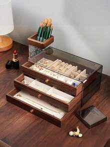 1pc 7-Compartment 5-Layer Velvet Jewelry Box, Drawer Style Jewelry Box For Rings, Earrings, 3-Layer Clear Plastic & Velvet Drawers Jewelry Organizer