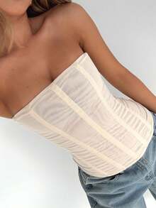Women Y2k Strapless Bustier Corset Back Zip Mesh Boned Bodyshaper Tube Top .Y Going Out Bustier Tops - Màu be - Xem 3