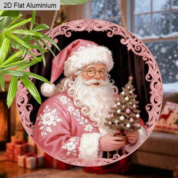 1 pieza/2 piezas Placa redonda de aluminio de Papá Noel rosa a prueba de agua de 8 pulgadas - Perfecta para decoración navideña, decoración de baño, decoración de habitación, decoración de dormitorio, decoración de habitación rosa, decoración de apartamento, regalo de Navidad para hermanas