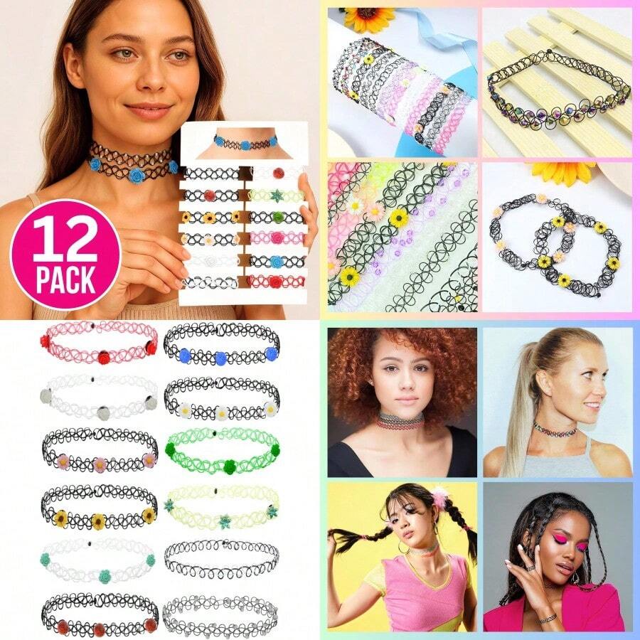12PC Tattoo Choker Necklace For Women 90s Choker Necklaces Y2K Fashion  Vintage Emo Black Choker Rainbow Pink White Purple Neon Green Blue Daisy Flower - 黑色彩虹紅色 - 查看 1