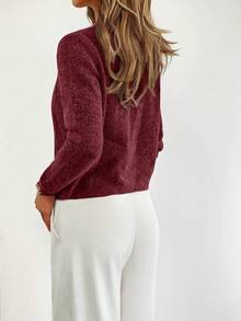 Chaqueta de punto tipo cárdigan de cuello redondo minimalista de un solo botonadura y color liso, nueva colección de otoño - Rosa Fucsia - Ver 2