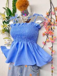 T109Crop Top With Straps And Ruffles - Baby Blue - View 3