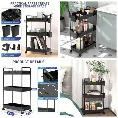 Slim Storage Trolley, 3 Tier Rolling Cart Storage Organizer, Utility Rolling Cart With Handle Hanging Cups Dividers Office Bathroom Kitchen Laundry Ro