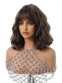 12 INCH Linen Black Brown Short Wavy Hair Synthetic Heat-Resistant Wig Women's Wigs With Bangs Are Ideal For Everyday And Party Cosplay Use - 深棕色 - 查看 5
