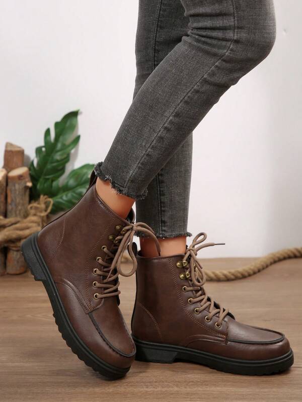 1 Pair Women's Brown Comfortable Flat Round Toe Lace-Up -On Short Boots, Suitable For All Seasons, Autumn/Winter