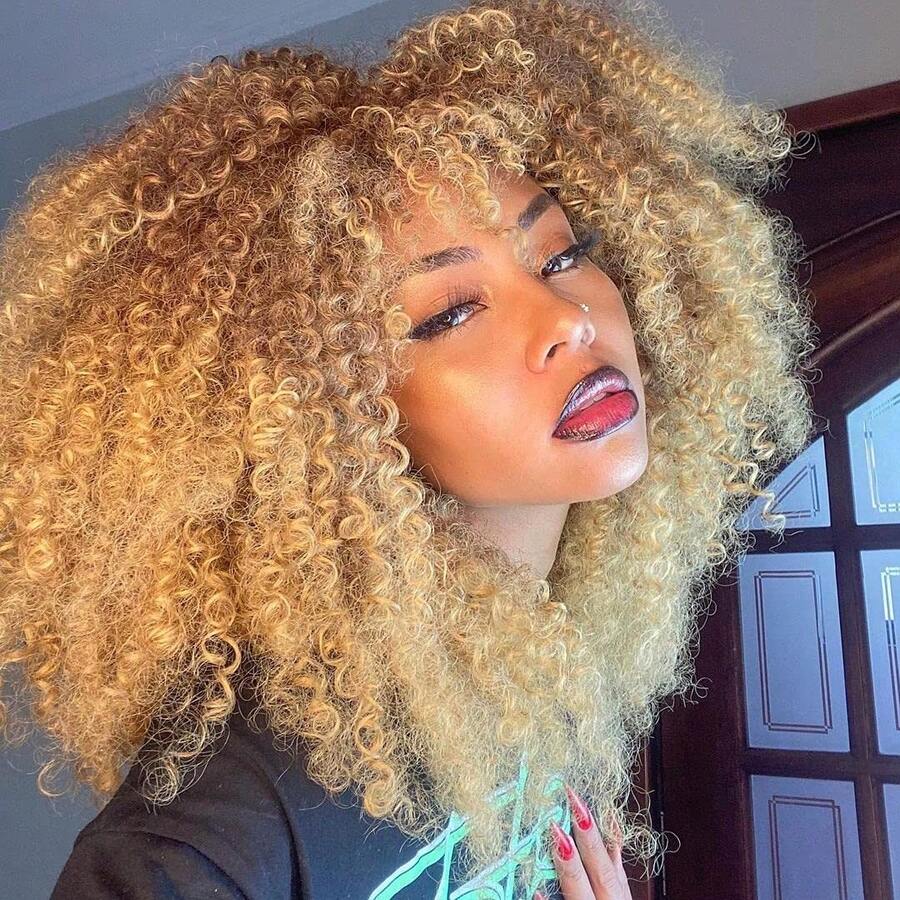 16 Inch Curly Wigs For Women Afro Kinky Curly Hair Wig About 280g/Piece Afro Synthetic Full Wigs Soft And Fluffy Like A Bomb Afro Kinky Curly Hair - 漸變金色 - 查看 1