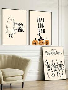 3pcs Halloween Canvas Wall Arts Set - Vibrant Skull & Pumpkin Prints , Frameless Polyester Posters, Perfect For Living Room, Bedroom, Hallway Decor, Halloween Decorations, Perfect For Fall Room Decor Home Decor Fall Decor