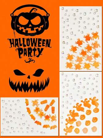 1 feuille de bijoux de visage pour Halloween, design de festival, cristaux de strass pour le visage et le corps, tatouages temporaires pour les yeux, fantôme, citrouille, araignée, chauve-souris, maquillage pour Halloween, jaune