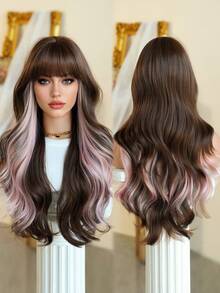 7JHH WIGS Long Wave Brown & Pink Highlight Wigs For Women - Loose Fluffy Wavy Curly Wig With Bangs, Full Machine High Density Synthetic Heat Resistant Fiber Hair Purple Red Wigs For Daily Wear,Halloween Cosplay & Music Festival Party Use 26 Inch - 挑染粉色 - 查看 6