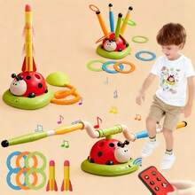 Mesin Permainan Olahraga Kumbang 3-in-1, Peluncur Roket, Lompat Musik & Lempar Cincin, Untuk Anak Usia 3+, Mainan Luar Ruangan, Hadiah Ulang Tahun & Liburan yang Sempurna - Merah - View 3