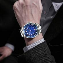 Relógio mecânico automático masculino RUIGE com pulseira de aço inoxidável, estilo empresarial e esportivo, calendário e visor luminoso - um presente de relógio azul perfeito para homens