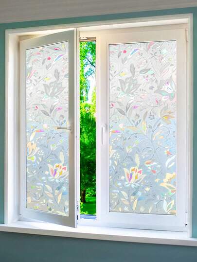 1 Roll Of Frosted Glass Window Film - Flower Pattern Privacy Window Film With Iridescent Rainbow Glow, Self-Adhesive Decorative Film For Bathroom/Office/Cafe, Removable 3D Stained Glass Effect Window Tint