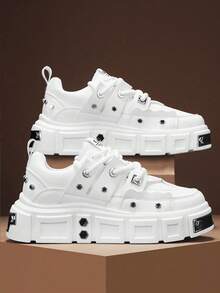 （尺码偏小）情侣鞋高端质感，2026款大码男鞋金属赛博朋克风系带运动鞋，新款性感夜店舞台风时尚装饰高跟厚底平底休闲鞋，厚底运动鞋，原创外观设计，结实耐穿的跑步鞋，四季皆宜，运动时尚男士运动鞋，前卫厚底板鞋，朋克风英伦韩版，适合品牌男鞋（多种颜色可选） - 白色 - 查看 4