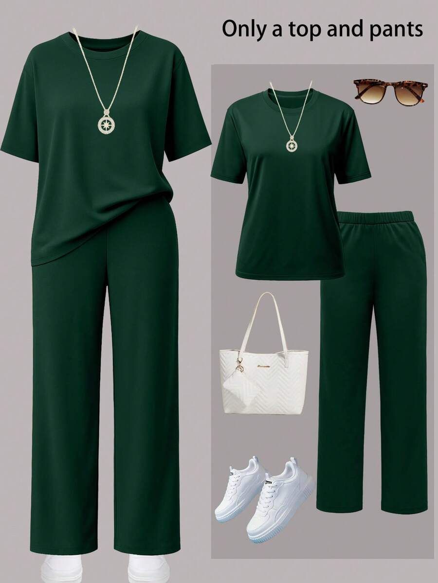 Women's Casual Solid Color Round Neck Short Sleeve Top And Elastic Waist Pocket Wide Leg Straight Pants 2 Piece Set, Lightweight Non-Sheer Polyester Fabric, Spring/Summer/Autumn - Green - View 1