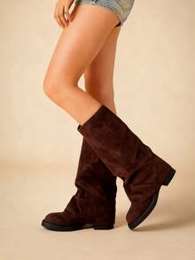 Slouchy Mid-Calf Boots For Women Fold Over Round Toe Pull On Chunky Heels Wide Calf Boots Casual Low Heel Knee High Knight Boots For Women Outdoor   - Da lộn màu nâu - Xem 4