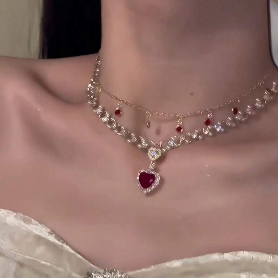1 Piece Of Fashionable Luxury Inlaid Red Synthetic  Heart-Shaped Imitation Pearl Double-Layer Tassel Layered Women's Necklace Exquisite Light Luxury Elegant Party Banquet Collarbone Chain Women's Daily Clothing Matching Jewelry - vàng - Xem 1