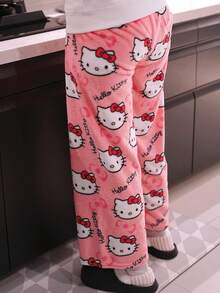 1pc Licensed By Sanrio Cute Hello Kitty Soft Plush Cartoon Pajama Pants Medium Thick Women's Pajama Pants, (Due To Size Differences Between Countries, Please Refer To The Size Chart And Purchase A Suitable Larger Size)Black Plush Warm Casual Home, Suitable For Spring, Autumn, Fall & Winter