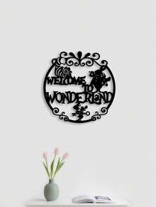 1PC Fantasy - Style Metal "Welcome To Wonderland" Decorative Painting, Hollowed - Out To Show Fairy - Tale Characters And Floral Letters, Dreamy And Eye - Catching, Fairy - Tale Theme, Perfect For Christmas, Halloween, Easter, Theme Parties, Children's Birthday Parties, Study Decoration, Bedrooms, Living Rooms, Children's Rooms, Cafes, Spring And Autumn Decorative Pendants.