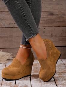 10cm Wedge Heel Elegant Black Casual Slip-On Flats, Comfortable Versatile Ankle-Length Shoes, Suitable For Daily Wear, Vacation, Commute, Party, Valentine's Date - Brown - View 5