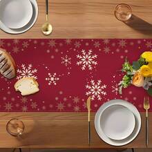 MEMNUN 1pc Merry Christmas Red Minimalist Town Snowflake Silhouette Print Table Runner, 100% Polyester Linen-Like Fabric, Christmas Decor, Table Decor, Home Decor, Kitchen Decor, Table Cloth Rectangle, Suitable For Kitchen, Dining Table, Home Party Decoration, Gift - Multicolor - View 9