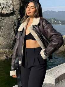 Women's 2025 Winter Warm Lamb Fur Splicing Artificial Leather Short Motorcycle Jacket Lapel Zipper Decoration Elegant Women's Streetwear - Màu nâu  Mocha - Xem 7